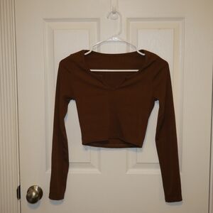 Brown Fitted Bodysuit with Scoop Neck and Long Sleeves